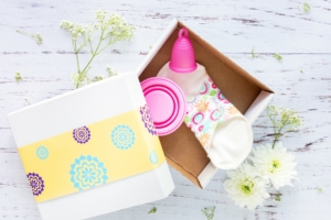 cloth pad and pink moon cup in a box