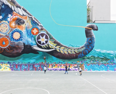 elephant graffiti wall art at basketball court