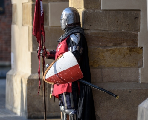 Knight in armour standing guard at a building