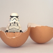 Lego stormtrooper hatching from an egg